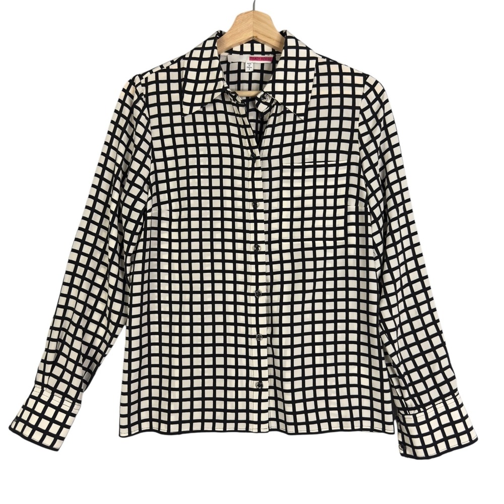 Tracy Reese Button Up Shirt Women's white Black Check 100% Silk Sz 4 Ruffle back